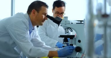 4 k laboratuarda mikroskop kullanarak erkek bilim adamı