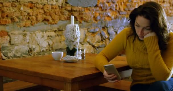 Красива Жінка Використовує Мобільний Телефон Ресторані — стокове відео