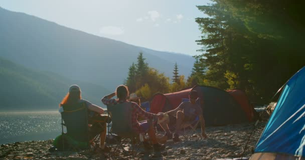 Groep Vrienden Camping Nabij Riverside Een Zonnige Dag — Stockvideo