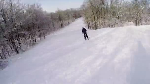 Вид Сзади Катание Лыжах Снежной Зоне — стоковое видео