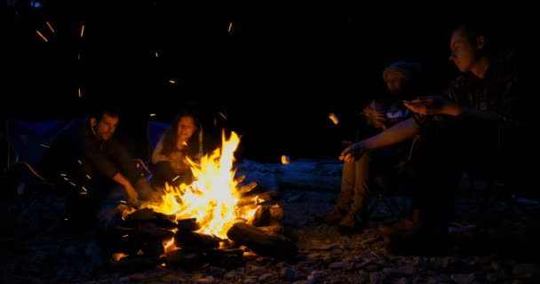 Groep Wandelaars Roosteren Marshmallows Buurt Van Kampvuur Het Platteland — Stockvideo