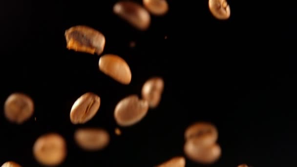 Close Falling Coffee Beans Black Background — Stock Video