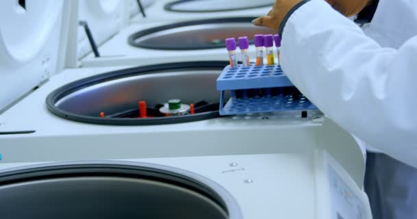 血バンク での遠心分離機の血液サンプルを配置する検査技師 — ストック動画