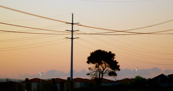 Hochspannungsmasten Während Des Sonnenuntergangs Auf Dem Land — Stockvideo