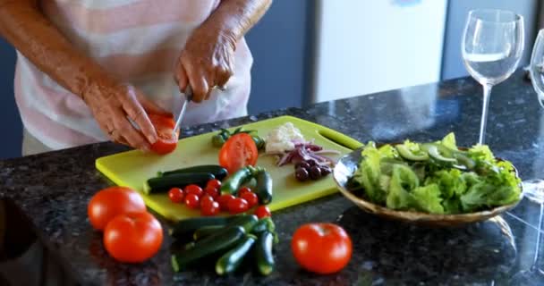 Casal Sênior Cortando Legumes Cozinha Casa — Vídeo de Stock