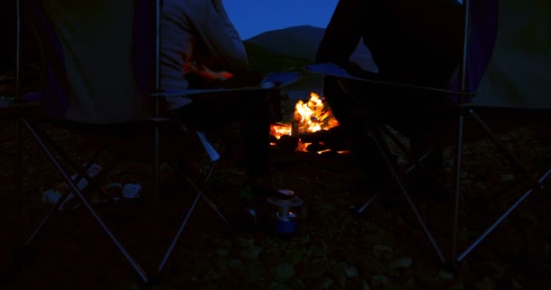 Οπίσθια Όψη Της Ομάδας Πεζοπόρους Φρύξης Marshmallows Κοντά Campfire — Αρχείο Βίντεο