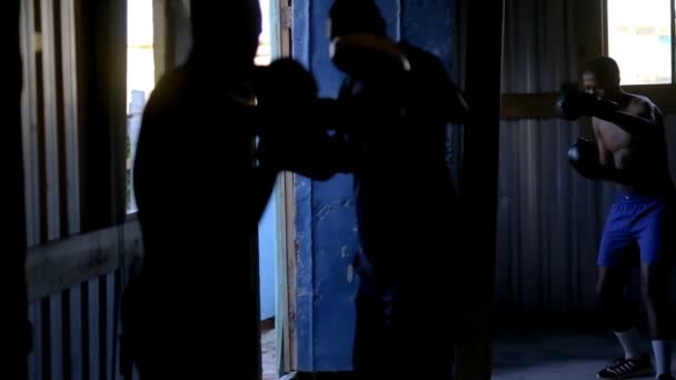 サンドバッグ でボクシングの練習男子ボクサー — ストック動画