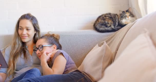 Lesbian Couple Using Digital Tablet Living Room Home — Stock Video