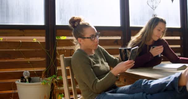 Pareja Lesbiana Usando Teléfono Móvil Libro Lectura Mientras Toma Café — Vídeo de stock