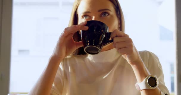 Ejecutivo Femenino Tomando Café Cafetería — Vídeo de stock