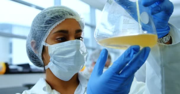 女性科学家在实验室4K 看锥形烧瓶 — 图库视频影像