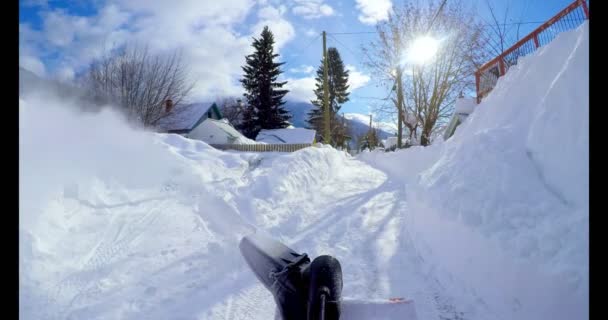 Pov Limpiar Nieve Con Ventilador Nieve Durante Invierno — Vídeos de Stock