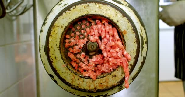 Közeli Kép Hentes Darált Jön Hús Húsdaráló Gép — Stock videók