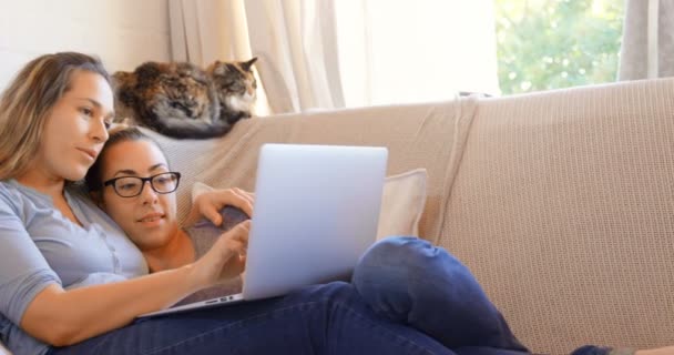 Casal Lésbicas Usando Laptop Sala Estar Casa — Vídeo de Stock