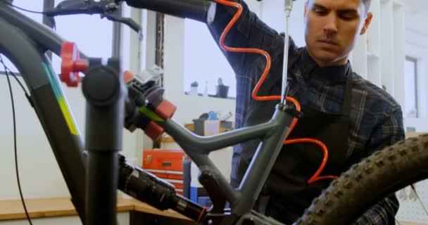 Attentif Homme Réparation Vélo Dans Atelier — Video