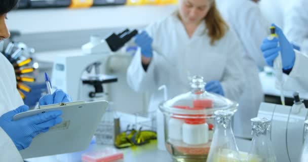 Wissenschaftlerteam Experimentiert Gemeinsam Labor — Stockvideo