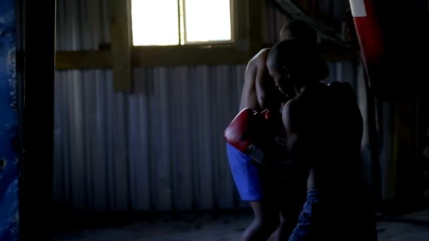 フィットネス スタジオ でボクシングの練習気配り男子ボクサー — ストック動画