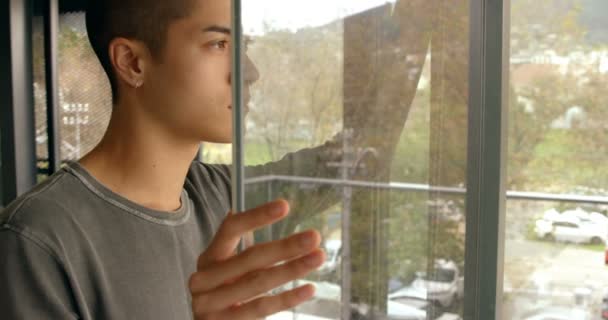 を自宅の窓の近く立っている若い男 — ストック動画
