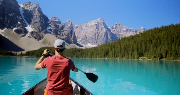 Vista Trasera Del Hombre Remando Barco Río Campo — Vídeos de Stock