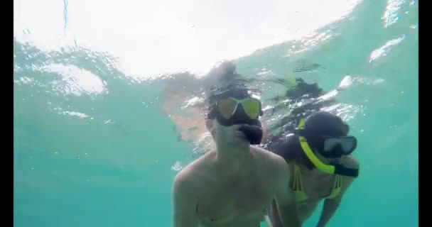 Romantische Paar Onderwater Snorkelen Azuurblauwe Zee — Stockvideo