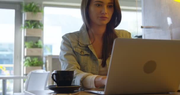 Schöne Frau Mit Laptop Cafeteria — Stockvideo