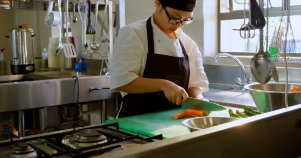 Vrouwelijke Chef Kok Snijden Groenten Keuken Restaurant — Stockvideo