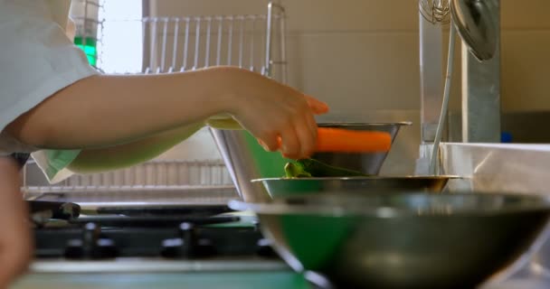 Restoranda Mutfakta Şef Kesme Sebzelerin Orta Bölüm — Stok video