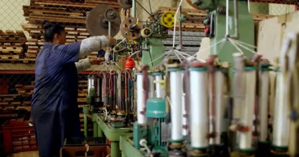 Attentive Female Worker Working Rope Making Industry — Stock Video