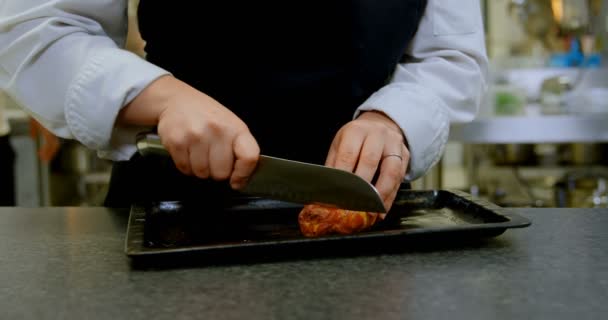 Mid Section Chef Cutting Bacon Knife Restaurant — Stock Video