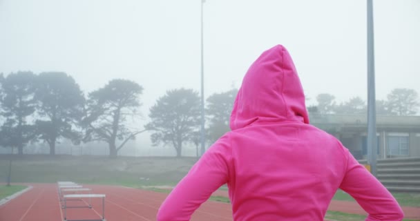 Visão Traseira Atleta Feminino Uma Pista Corrida — Vídeo de Stock