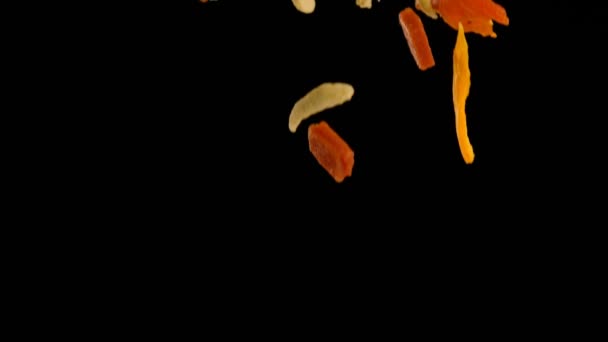 Close Fresh Fruits Falling Black Background — Stock Video