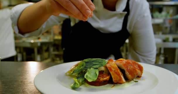 厨师在厨房的菜上撒盐的特写镜头 — 图库视频影像