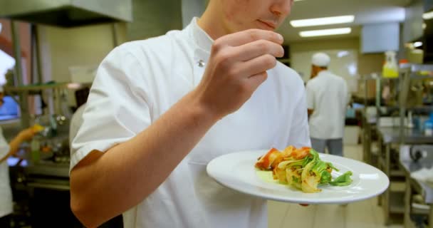 Chef Masculin Saupoudrer Sel Sur Plat Dans Cuisine — Video