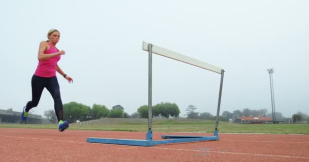 Atleta Femenina Saltando Sobre Obstáculos Una Pista Atletismo Recinto Deportivo — Vídeos de Stock