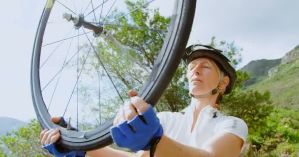 Ciclista Senior Activo Reparando Bicicleta Campo — Vídeos de Stock