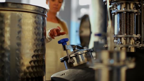 Travailleur Féminin Vérifiant Réservoir Distillerie Dans Usine — Video