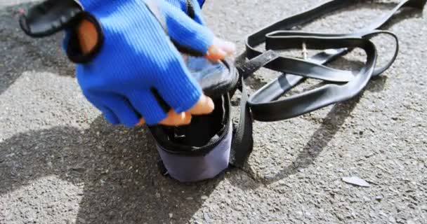 Senior Cyclist Using Air Pump Road Countryside — Stock Video