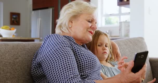 Γιαγιά Και Εγγονή Χρησιμοποιώντας Κινητό Τηλέφωνο Στο Καθιστικό Δωμάτιο Στο — Αρχείο Βίντεο