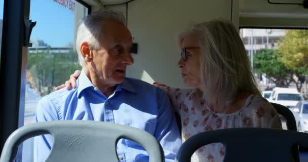 Casal Sênior Ativo Interagindo Uns Com Outros Enquanto Viaja Ônibus — Vídeo de Stock