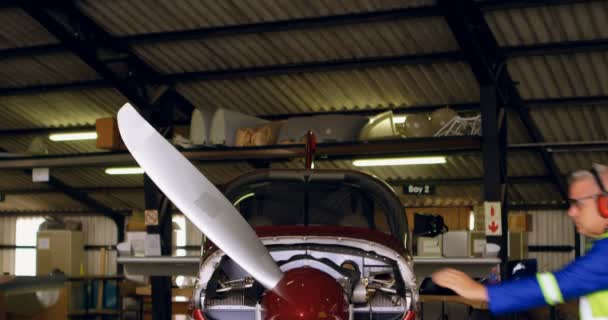 Ingénieur Examinant Avion Dans Hangar — Video