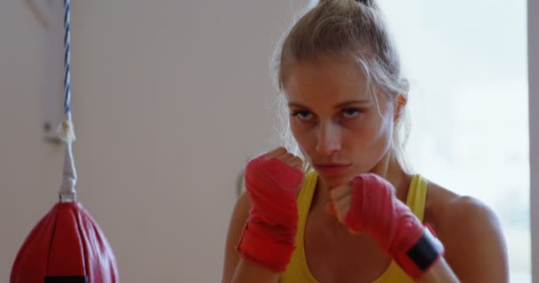 Νεαρό Θηλυκό Μπόξερ Εξάσκηση Πυγμαχίας Στο Studio Γυμναστικής — Αρχείο Βίντεο