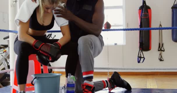 Joven Boxeadora Femenina Relajándose Ring Boxeo — Vídeos de Stock
