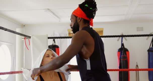 Treinador Dando Massagem Boxeador Feminino Ringue Boxe Estúdio Fitness — Vídeo de Stock
