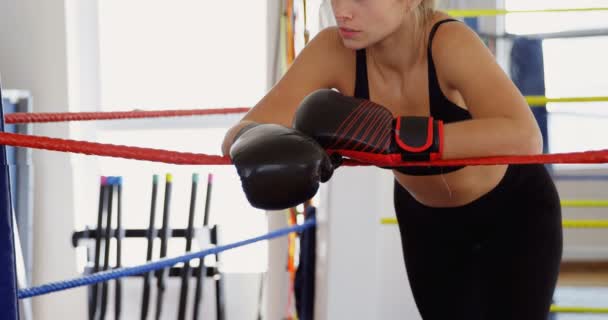 Vrouwelijke Bokser Permanent Boksring Fitnessstudio — Stockvideo