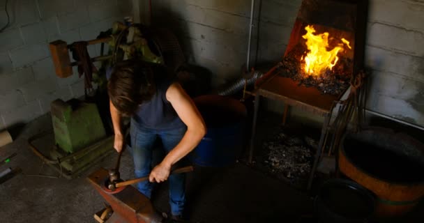 Hög Vinkel Kvinnlig Metalsmith Gjutning Glödande Heta Hästsko Fabriken Hon — Stockvideo