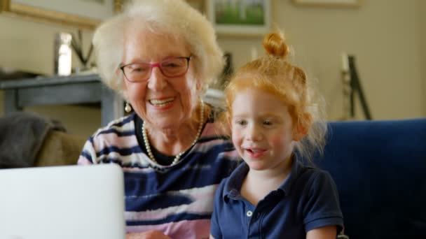 祖母と孫娘デジタル タブレットを使用して 自宅のリビング ルームでのクローズ アップ 幸せの笑みを浮かべて祖母と孫娘 ソファに座ってコンピューターでショーを見る — ストック動画