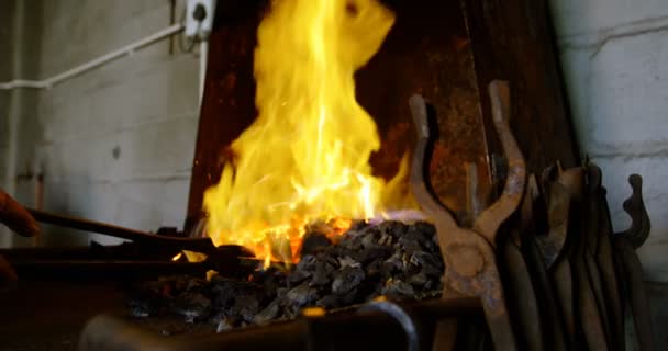 Nahaufnahme Von Metallschmiedehänden Und Werkzeugen Die Hufeisen Feuer Erhitzen — Stockvideo