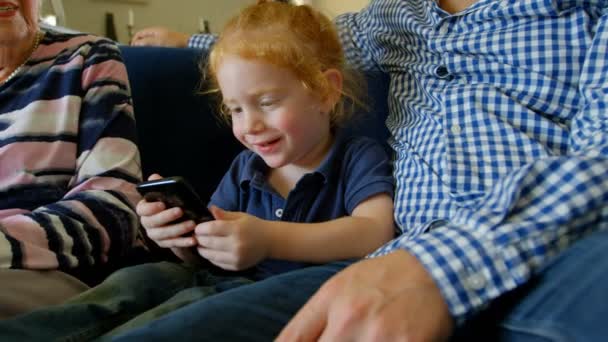 Close Uma Família Usando Telefone Celular Sala Estar Casa Sofá — Vídeo de Stock