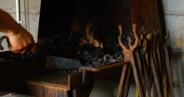 Närbild Kvinnliga Metalsmith Händer Och Verktyg Uppvärmning Hästsko Brand Fabriken — Stockvideo