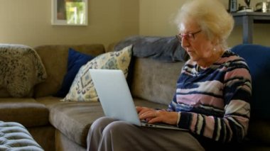 Gözlüklü kadın emekli Kıdemli yan görünüm dizüstü evde oturma odasında kullanıyor. O kanepede otururken bilgisayarda yazmakta olduğunu.